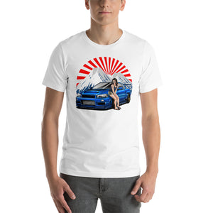 man wearing a white Nissan R34 GT-R t shirt in car clothing - Modified Street Style