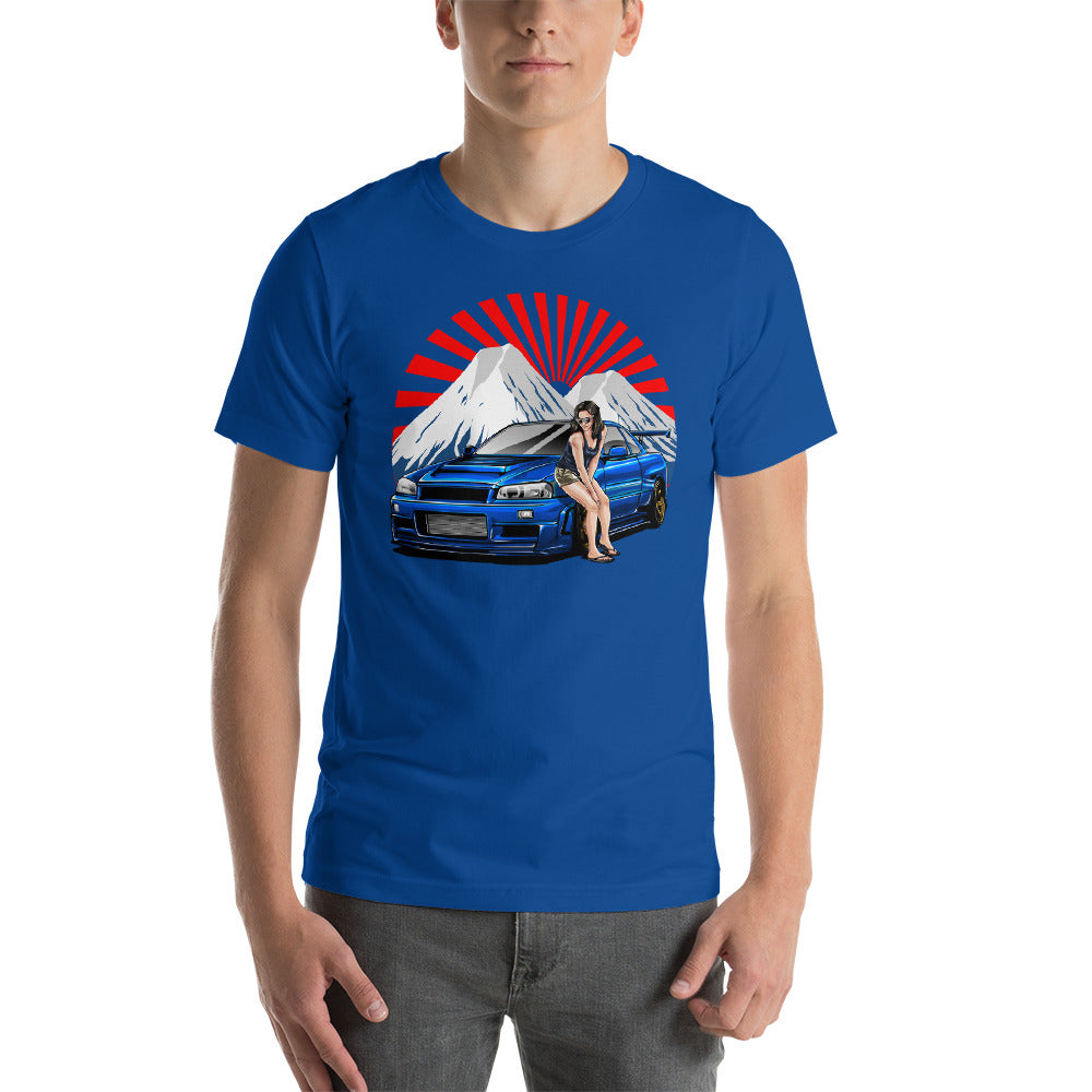 man wearing a blue Nissan R34 GT-R t shirt in car shirts - Modified Street Style