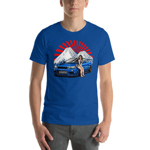 man wearing a blue Nissan R34 GT-R t shirt in car shirts - Modified Street Style