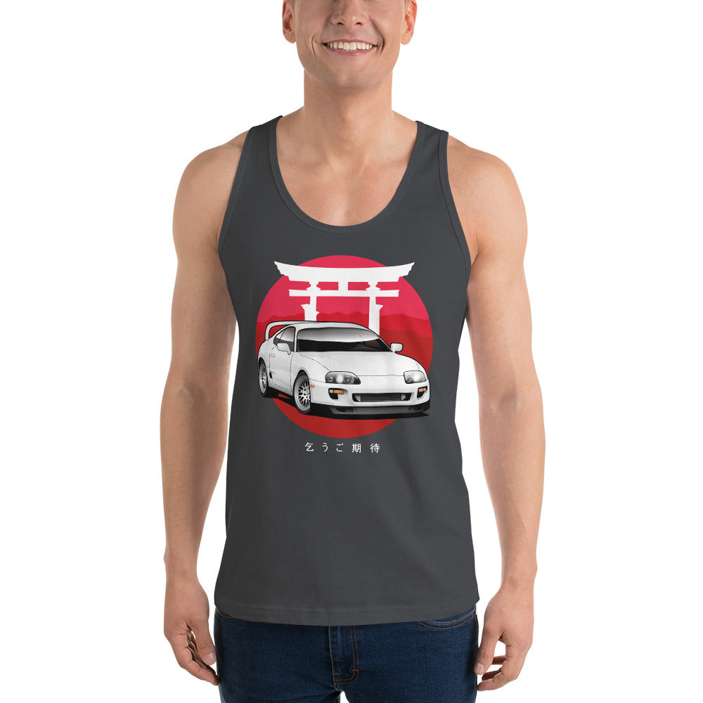 Man wearing a gray MK4 Toyota Supra tank top in car apparel - Modified Street Style