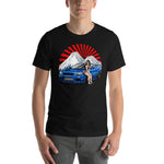 man wearing a black Nissan R34 GT-R t shirt in car t shirts - Modified Street Style