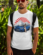 man wearing a white Nissan R34 GT-R t shirt in automotive t shirts - Modified Street Style