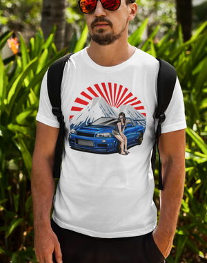 man wearing a white Nissan R34 GT-R t shirt in automotive t shirts - Modified Street Style