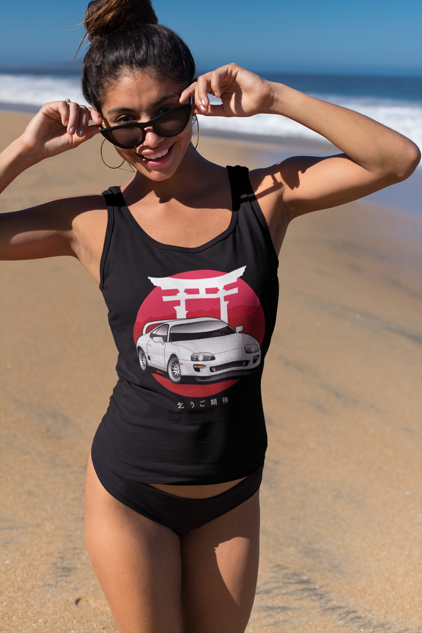 Attractive woman wearing a black MK4 Toyota Supra tank top in car shirts - Modified Street Style